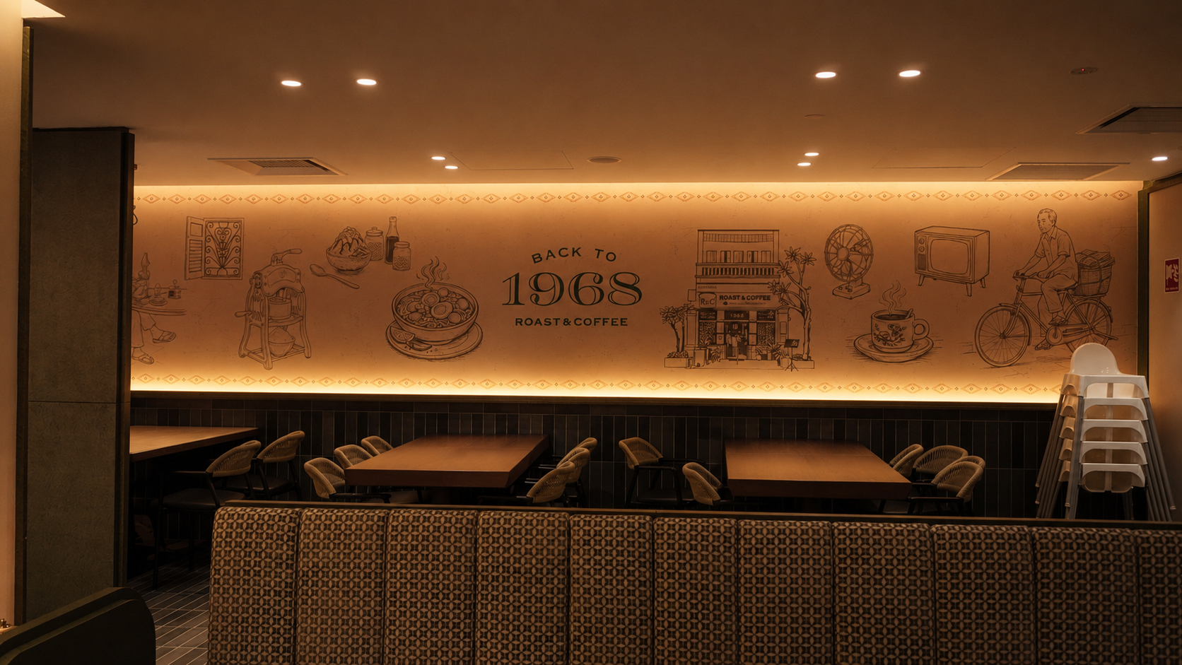 Roast and Coffee interior featuring Back to 1968 heritage illustrations