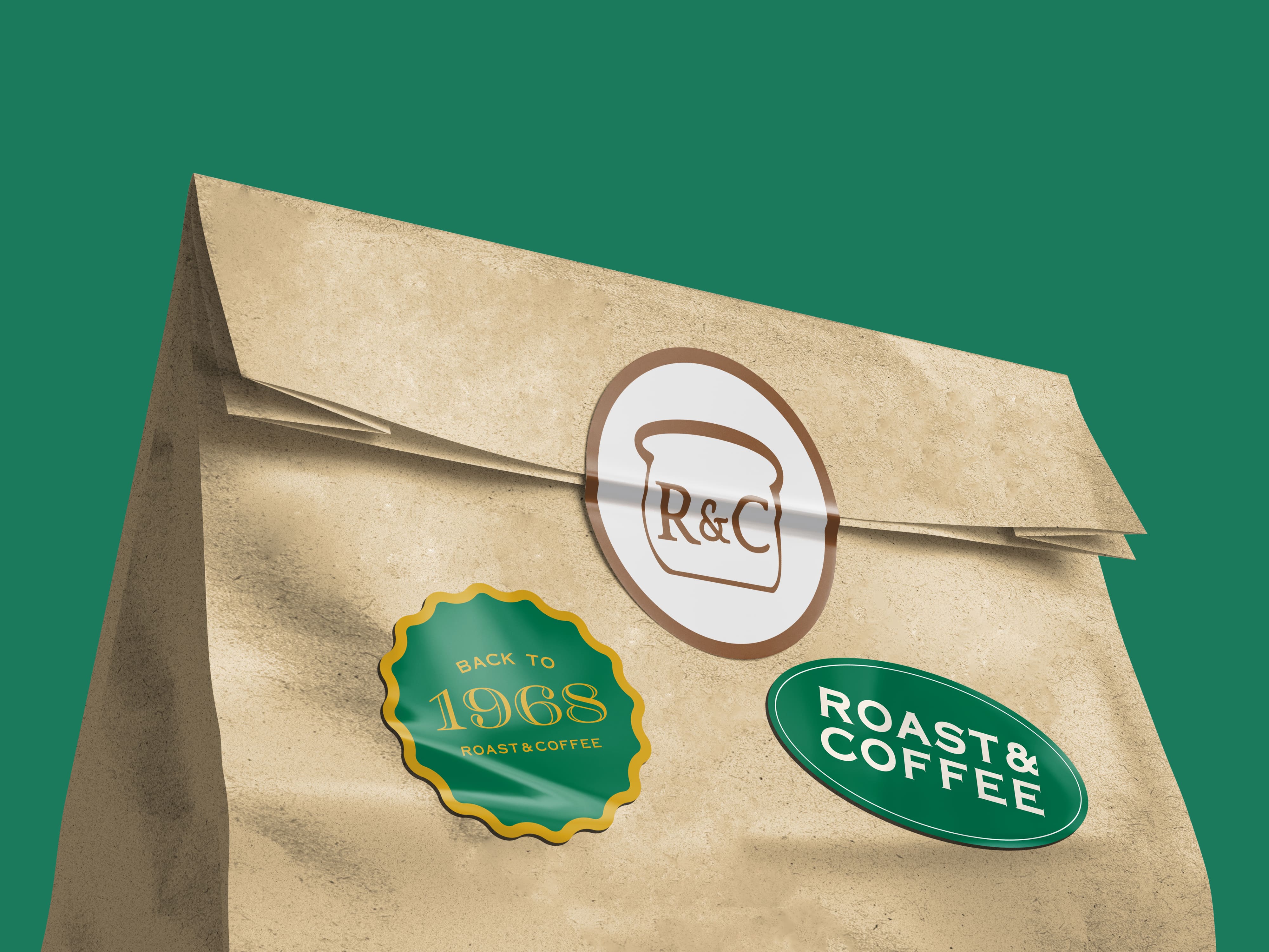 Roast and Coffee branded paper packaging bag with stickers